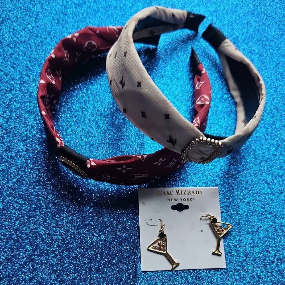 Isaac Mizrahi Martini Earrings, Red and Cream Headbands Bundle NwT
